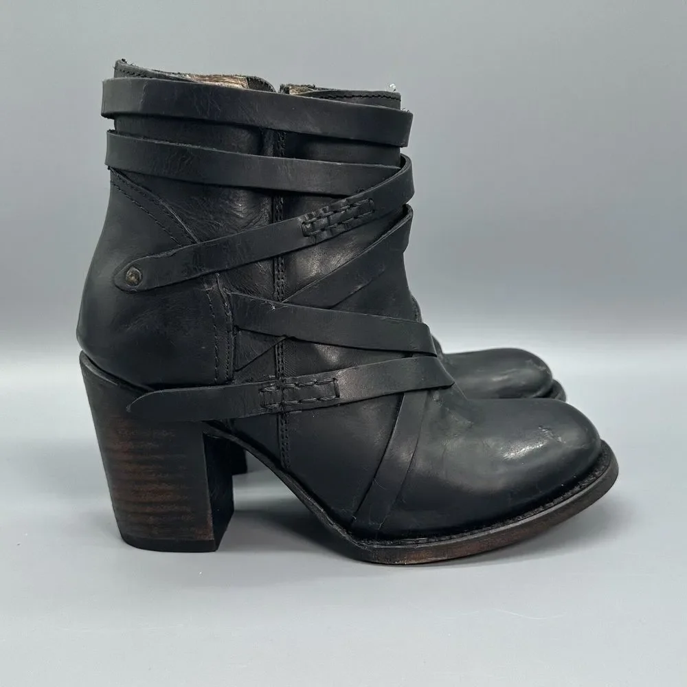 Freebird Gem Womens 7 Black Zip Leather Ankle Boots Booties Strap Block Heel